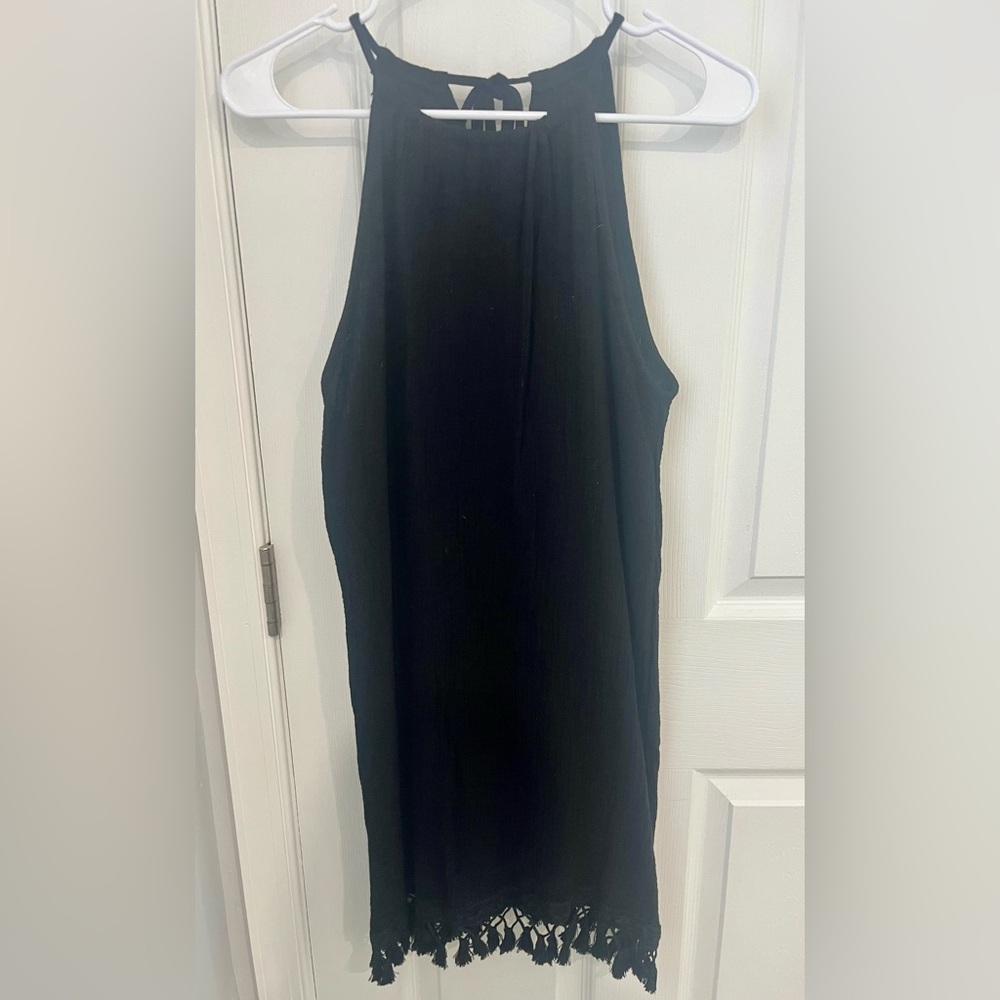 Black Halter Swim Coverup with Fringe Hem